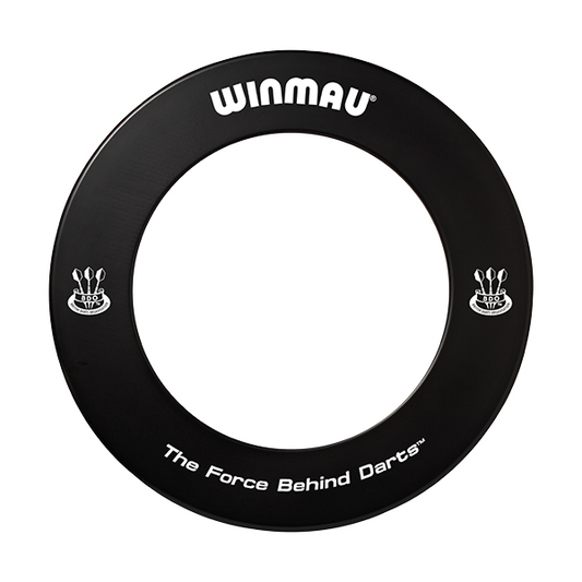 Winmau printed dartboard surround with BDO logos, black protective ring with white text and logos