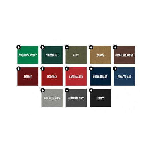 Color swatches of Centennial Cloth in 13 vibrant colors including Brunswick Green, Timberline, Olive, Sahara, Chocolate Brown, Merlot, McIntosh, Cardinal Red, Midnight Blue, Regatta Blue, Gun Metal Grey, Charcoal Grey, and Ebony.