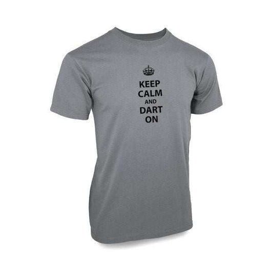 Adult Keep Calm and Dart On grey cotton t-shirt with black text and crown graphic