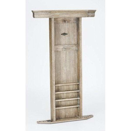 Heritage Combo Wall Rack in Driftwood finish with angled Louis-Philippe style top panel for holding billiard cues and accessories