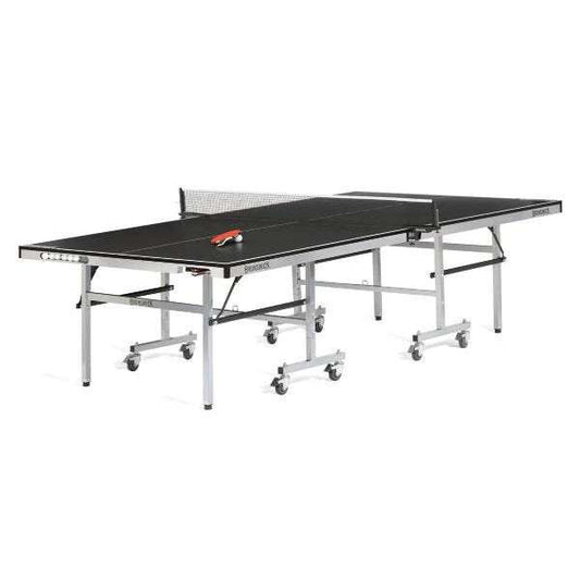 Smash 7.0 table tennis table with black surface, net, paddles, and foldable design for easy storage
