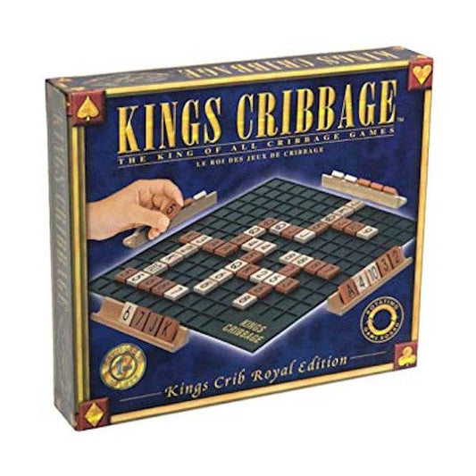 Kings Cribbage board game box with tiles and hand placing a tile on the board for strategic play.