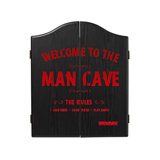 Winmau Man Cave Cabinet dark wood veneer dartboard cabinet with red lettering and magnetic closure
