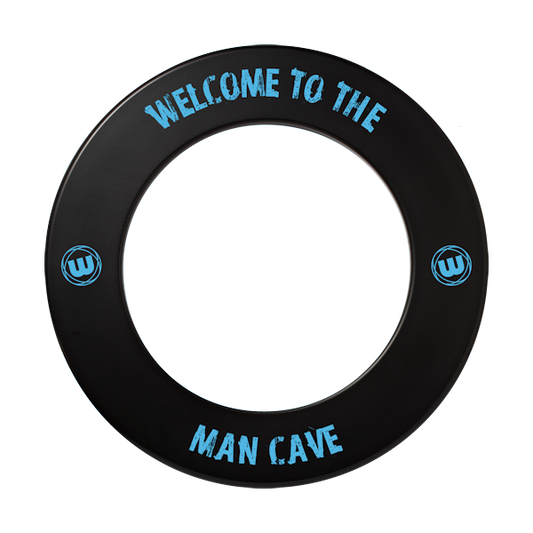 Winmau Man Cave Surround dartboard protector with blue text and logos, 43.6cm inner diameter, 67.5cm outer diameter.