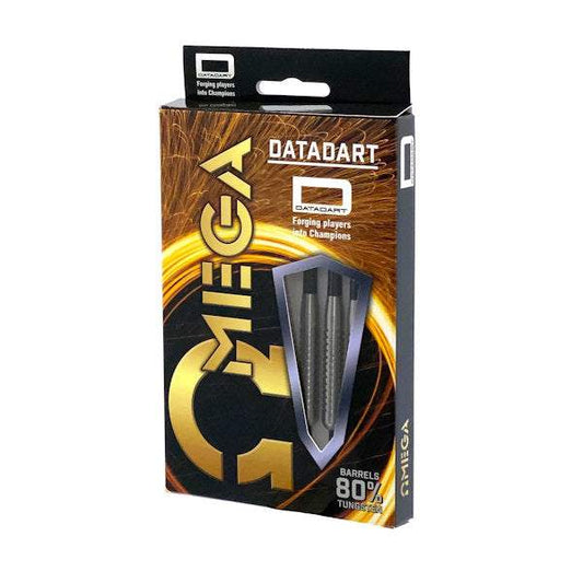 Datadart Omega 80% tungsten darts set with 15ZRO shafts and Datadart flights in black and gold packaging