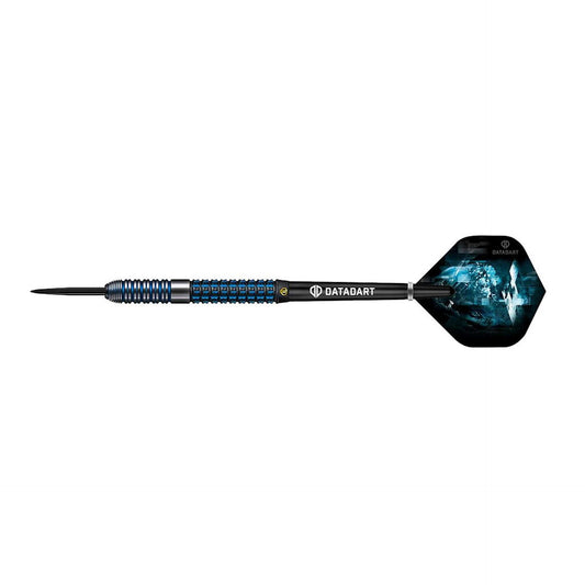 Datadart Parallax 90% tungsten dart with black PVD coating, blue radial cuts, and laser-etched logo