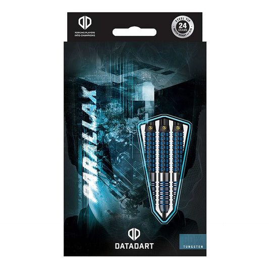 Datadart Parallax 90% tungsten darts with blue electro infills and black PVD coating in retail packaging