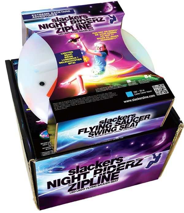 Slackers 100' Zipline with LED lights and flying saucer seat for nighttime backyard adventures Slackers 100' Zipline with LED lights and flying saucer seat for nighttime backyard adventures