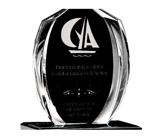 Black and clear Spinnaker acrylic award trophy with engraved logo and text on a rectangular base