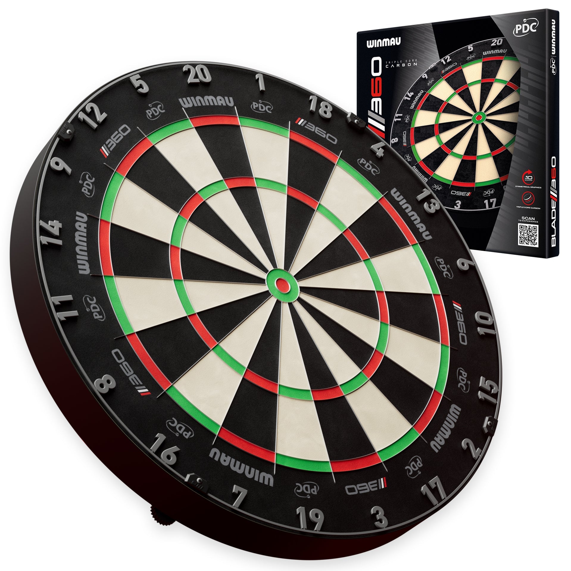 Winmau Blade 360 Dartboard with packaging on a white background