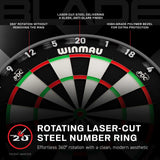 Winmau Blade X dartboard number ring technology on black background