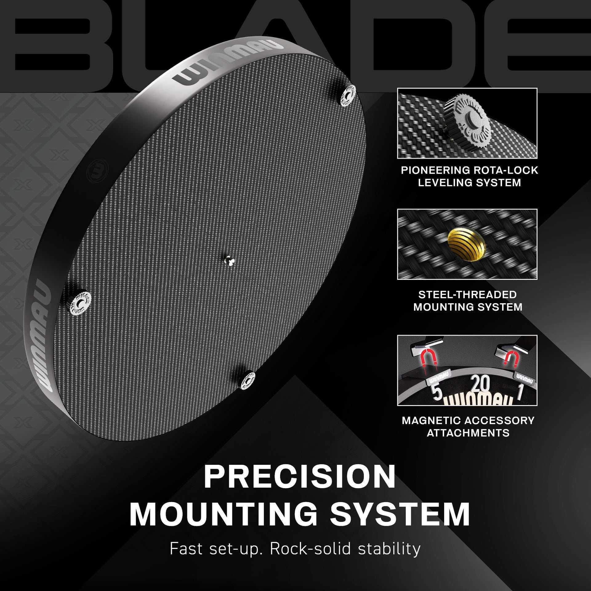 Winmau Blade X dartboard mounting system  on black background