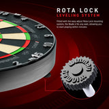 Dartboard with Rota Lock leveling system on a red background