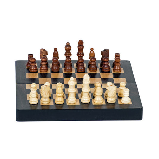 Folding 8"  Magnetic Chess Set by WE open showing the chess pieces on the board