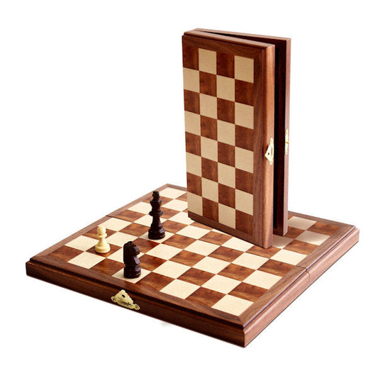 Folding 11"  Magnetic Chess Set by WE showing folded and open