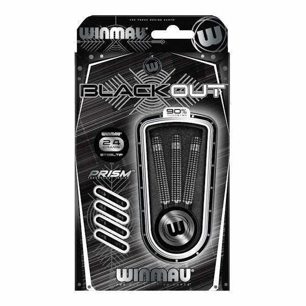 Winmau Blackout 90% Tungsten dart barrels with shafts, flights, and point protector in black packaging