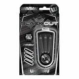 Winmau Blackout 90% Tungsten dart barrels with shafts, flights, and point protector in black packaging