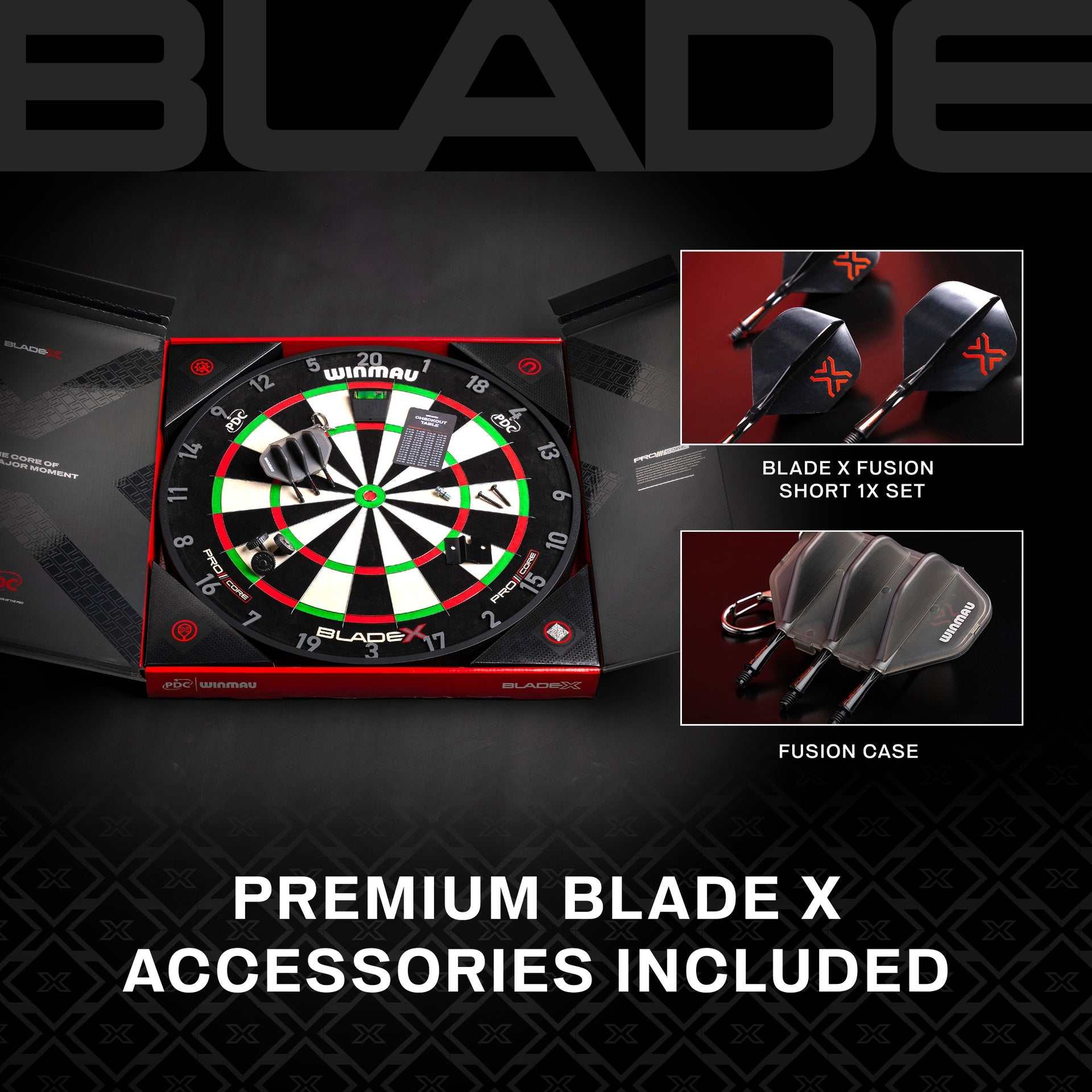 Winmau Blade X dartboard accessories that are included on black background