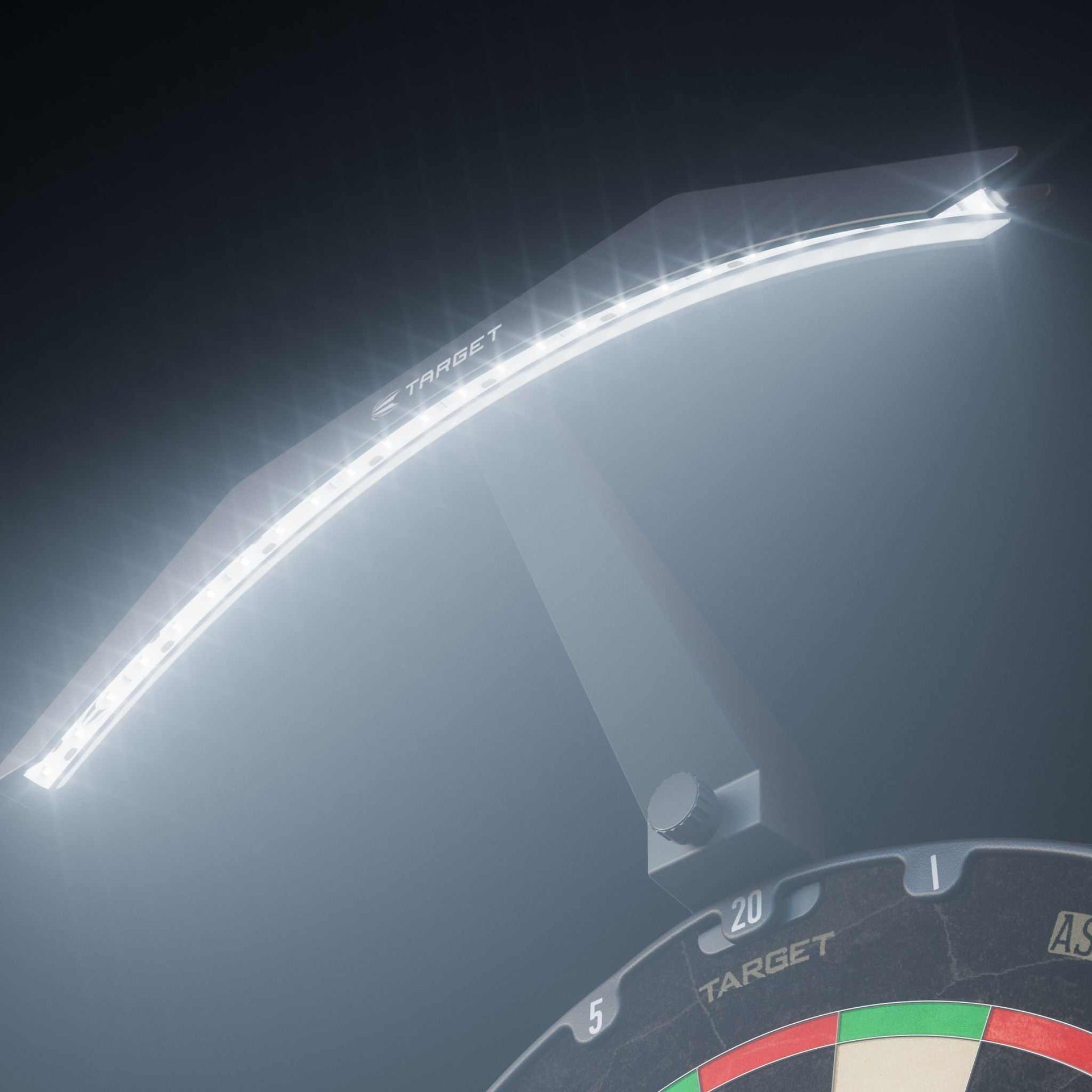 Target Arc Dartboard Lighting System with bright LED lights illuminating a dartboard for shadowless play