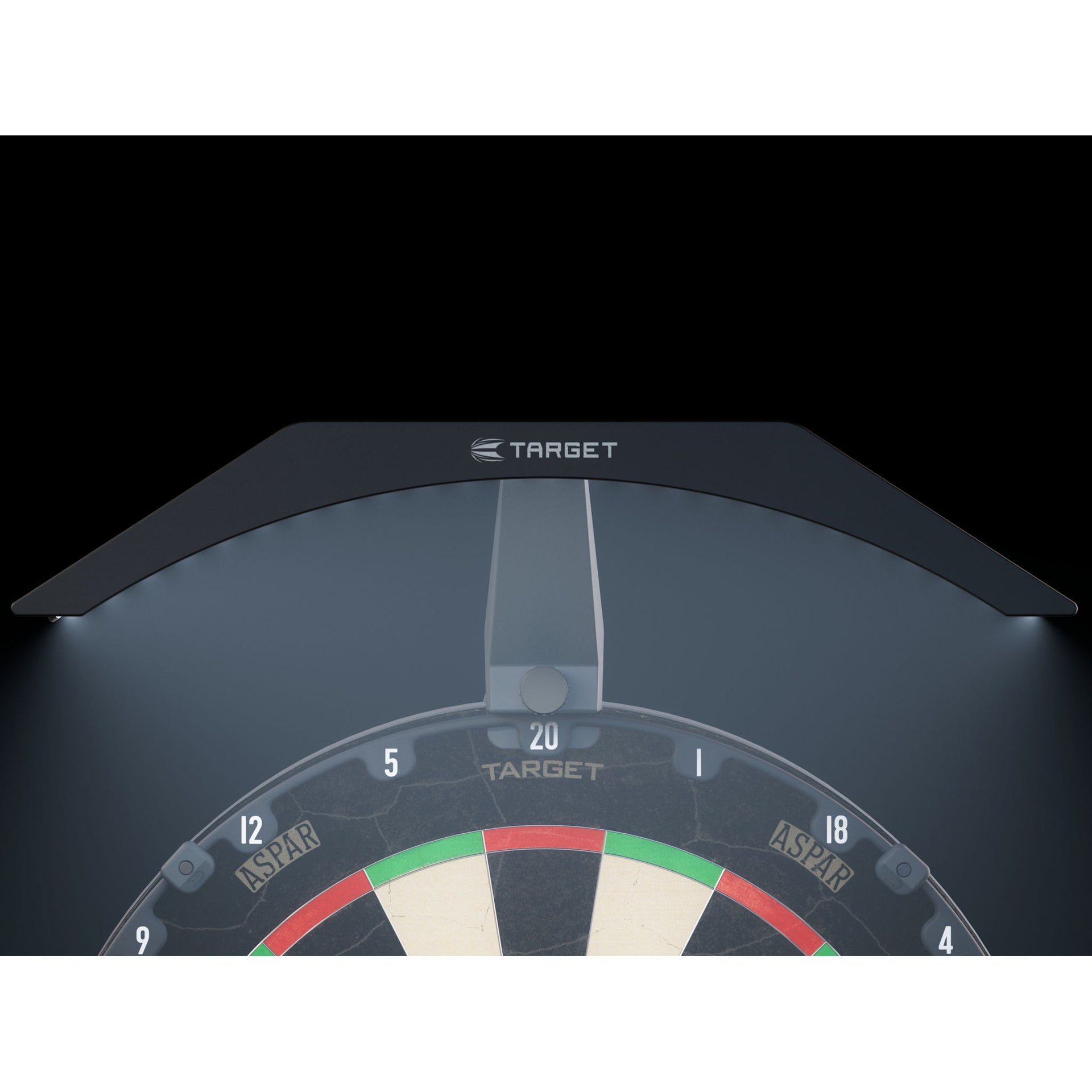 Target Arc Dartboard Lighting System in dark room showing light on