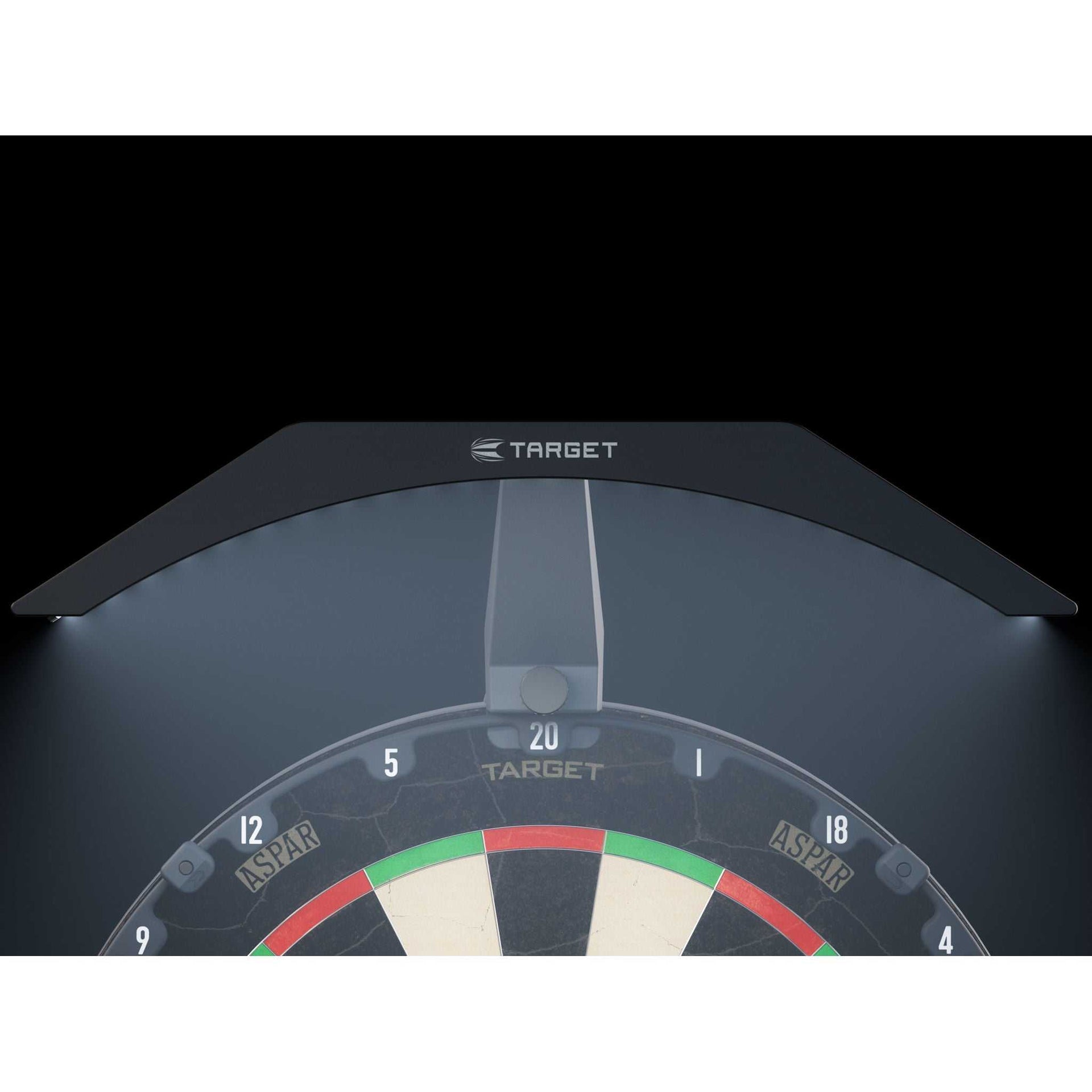 Target Arc Dartboard Lighting System with 24 bright LEDs illuminating a dartboard for shadowless play