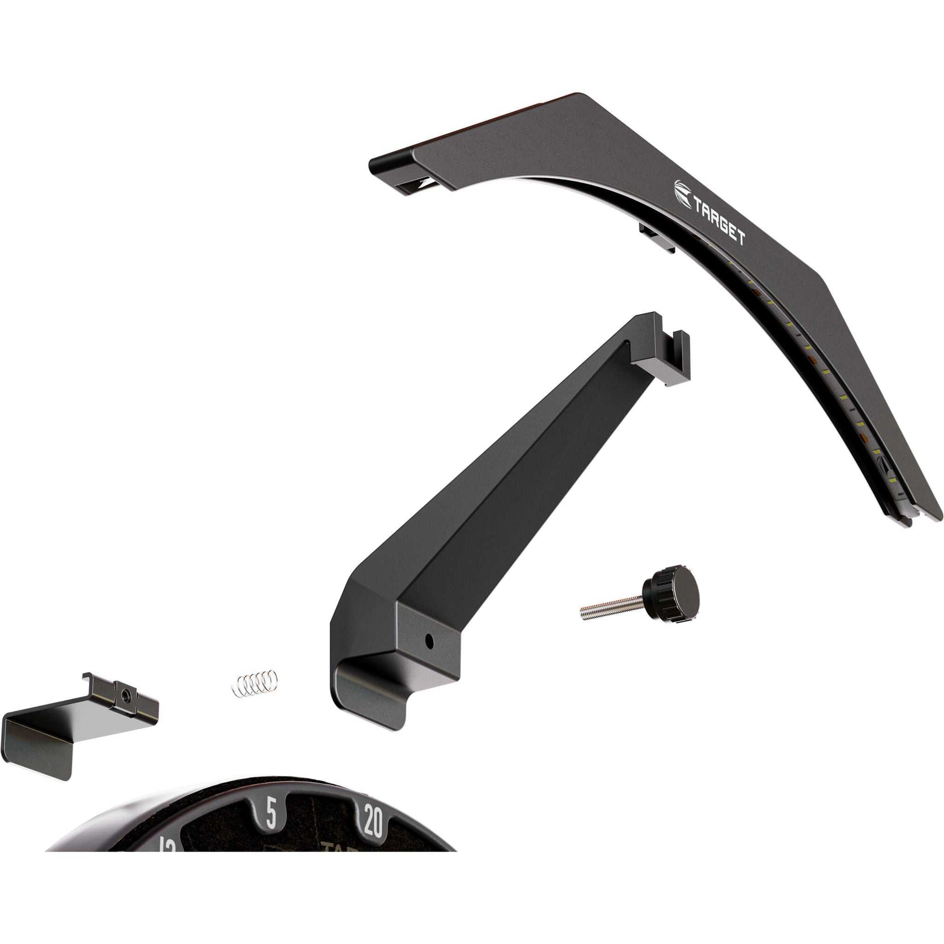 Target Arc Dartboard Lighting System with LED light bar and mounting arm for shadowless dartboard illumination