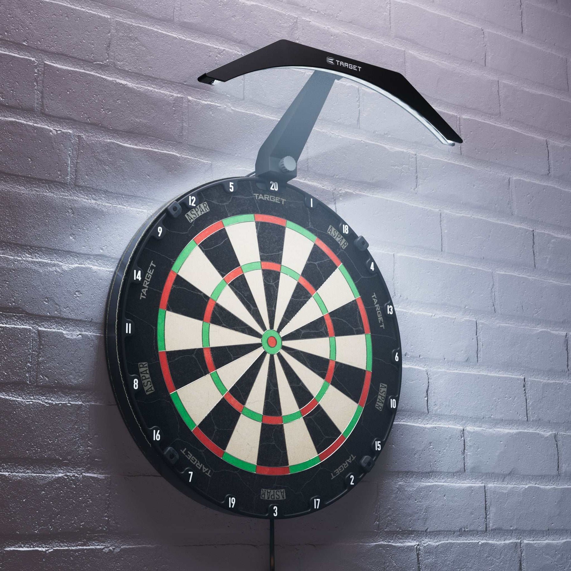 Target Arc Dartboard Lighting System with LED lights mounted above a dartboard illuminating a brick wall background