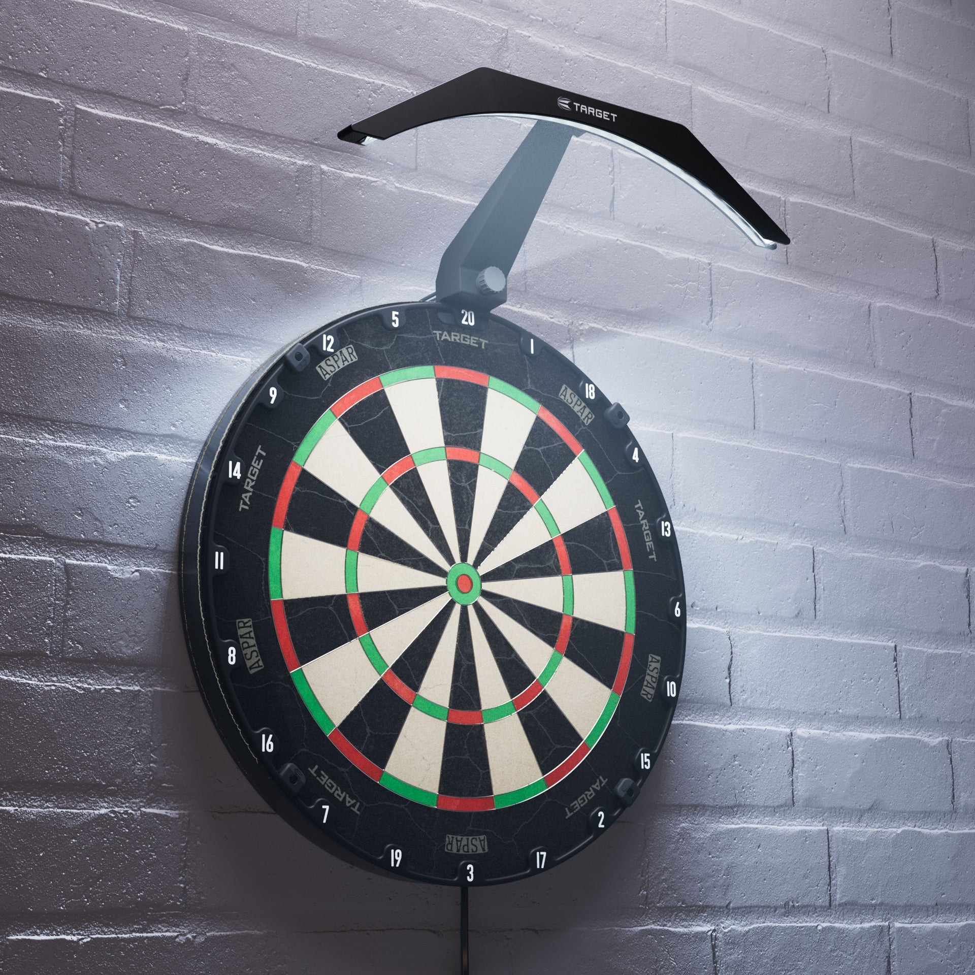 Target Arc Dartboard Lighting System shown in a room setting attached to the Aspar dartboard turned on