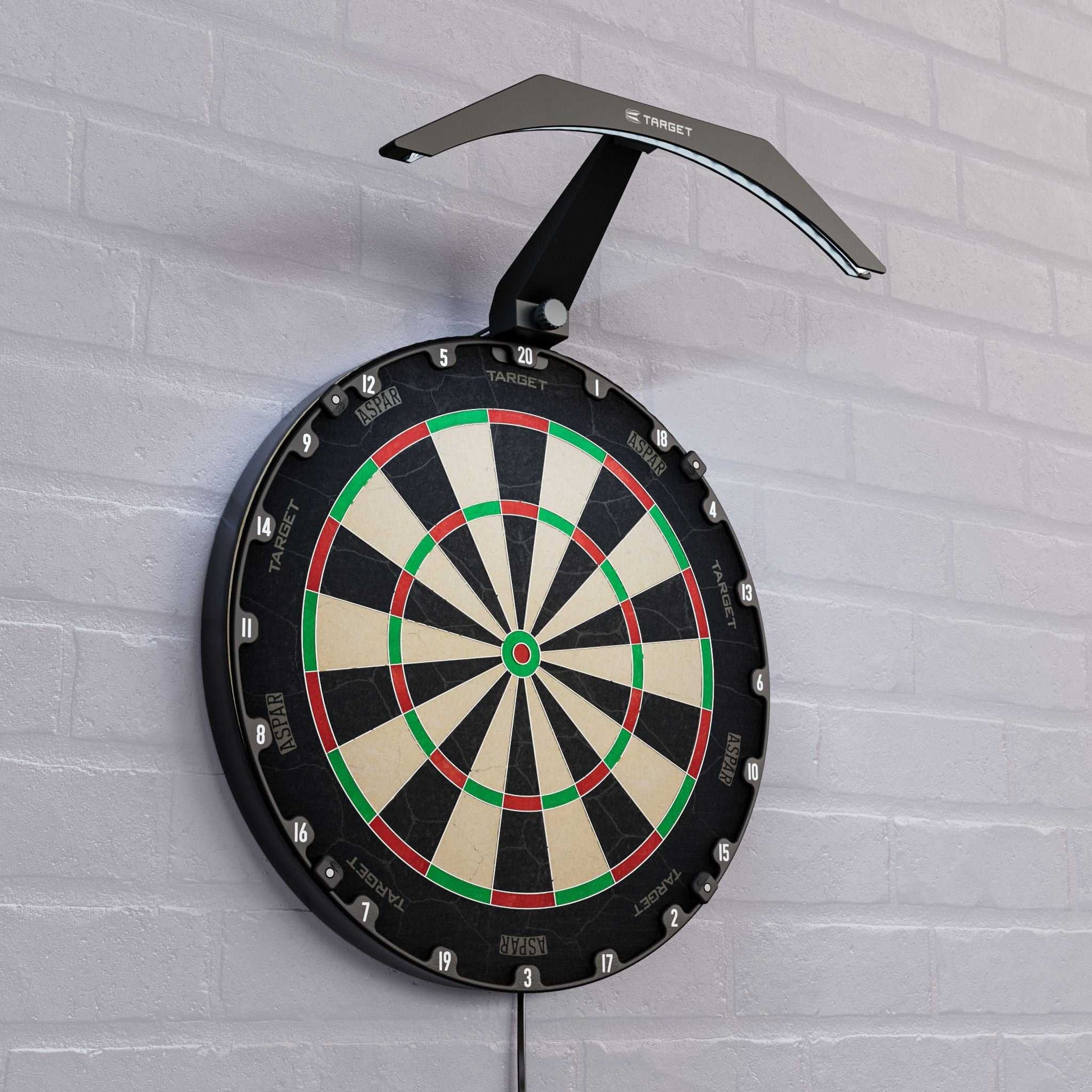 Target Arc Dartboard Lighting System with LED light mounted above dartboard for clear illumination