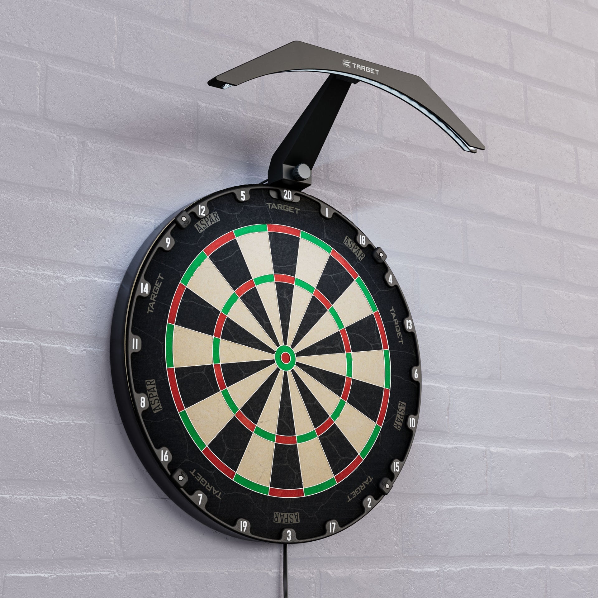 Target Arc Dartboard Lighting System shown in a room setting attached to the Aspar dartboard