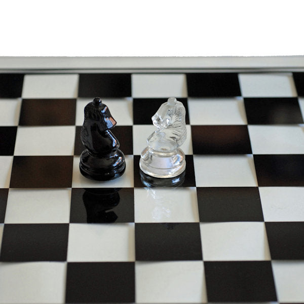 14" Black and Clear Glass Chess Set close up of pieces on board