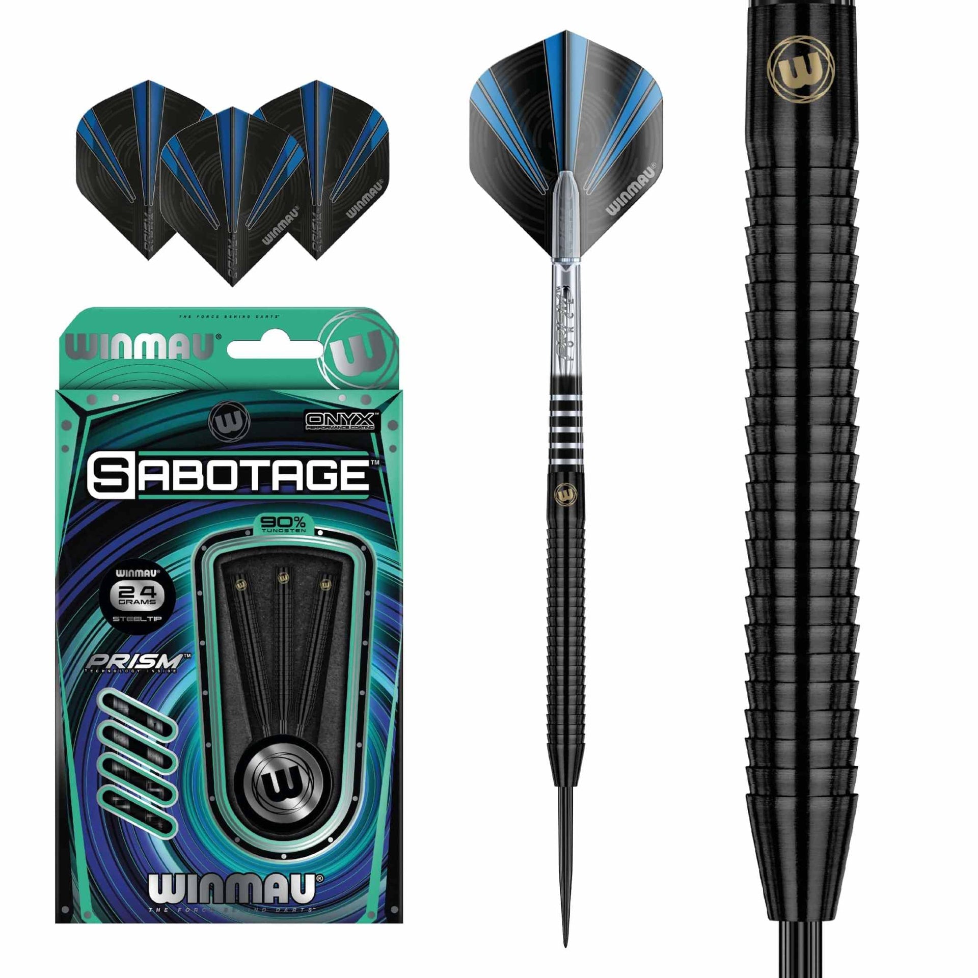 Sabotage 90% Tungsten darts with Ripsaw grip, Onyx coating, black Prism shafts, and Prism Alpha flights set by Winmau
