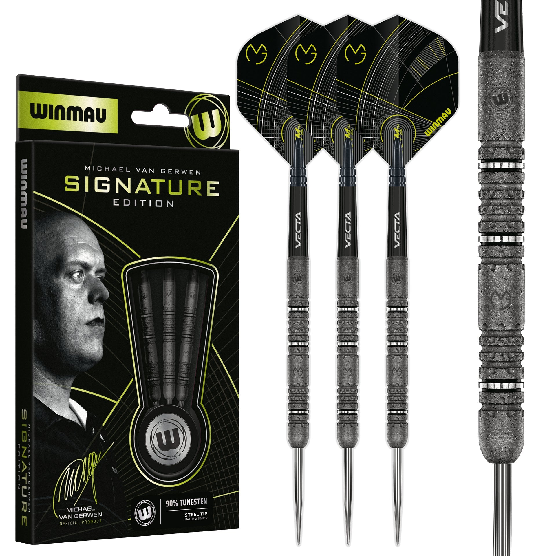 Winmau Michael van Gerwen Signature Edition darts with packaging on a white background