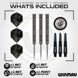 Winmau dart set with darts, shafts, flights, and point protector on a white background