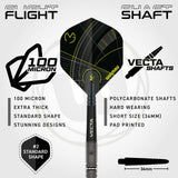 Dart with text detailing features like '100 Micron', 'Extra Thick', 'Standard Shape', and 'Vecta Shafts'.