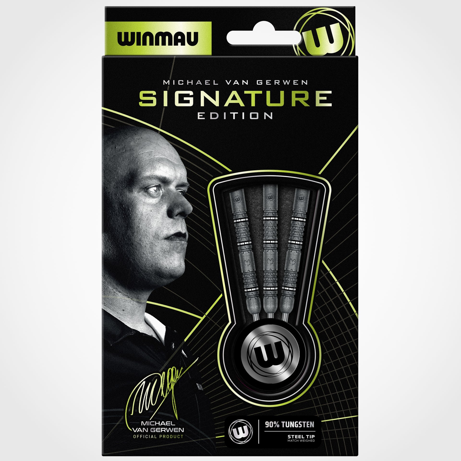 Winmau Michael van Gerwen Signature Edition darts packaging with a portrait of the player on a black background.