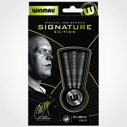 Winmau Michael van Gerwen Signature Edition darts packaging with a portrait of the player on a black background.