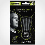 Winmau Michael van Gerwen Signature Edition darts packaging with a portrait of the player on a black background.