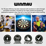 Winmau branding and product display with a dartboard and people, featuring their 70-year history and expertise in darts.