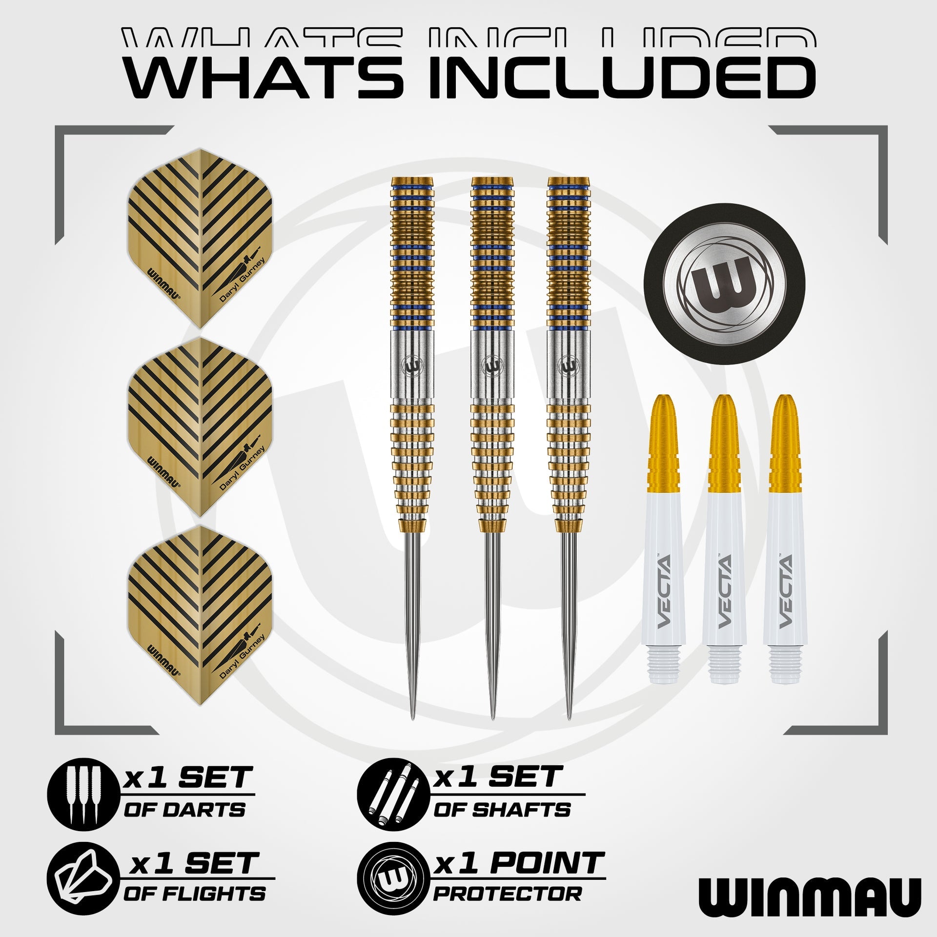 Winmau dart set with darts, shafts, flights, and point protector on a white background.
