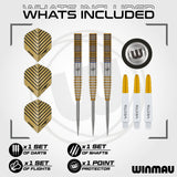Winmau dart set with darts, shafts, flights, and point protector on a white background.
