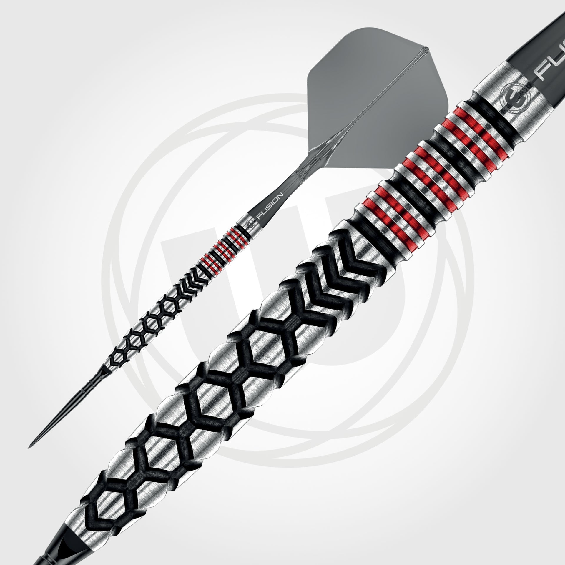 Dart with black and red pattern on a white background
