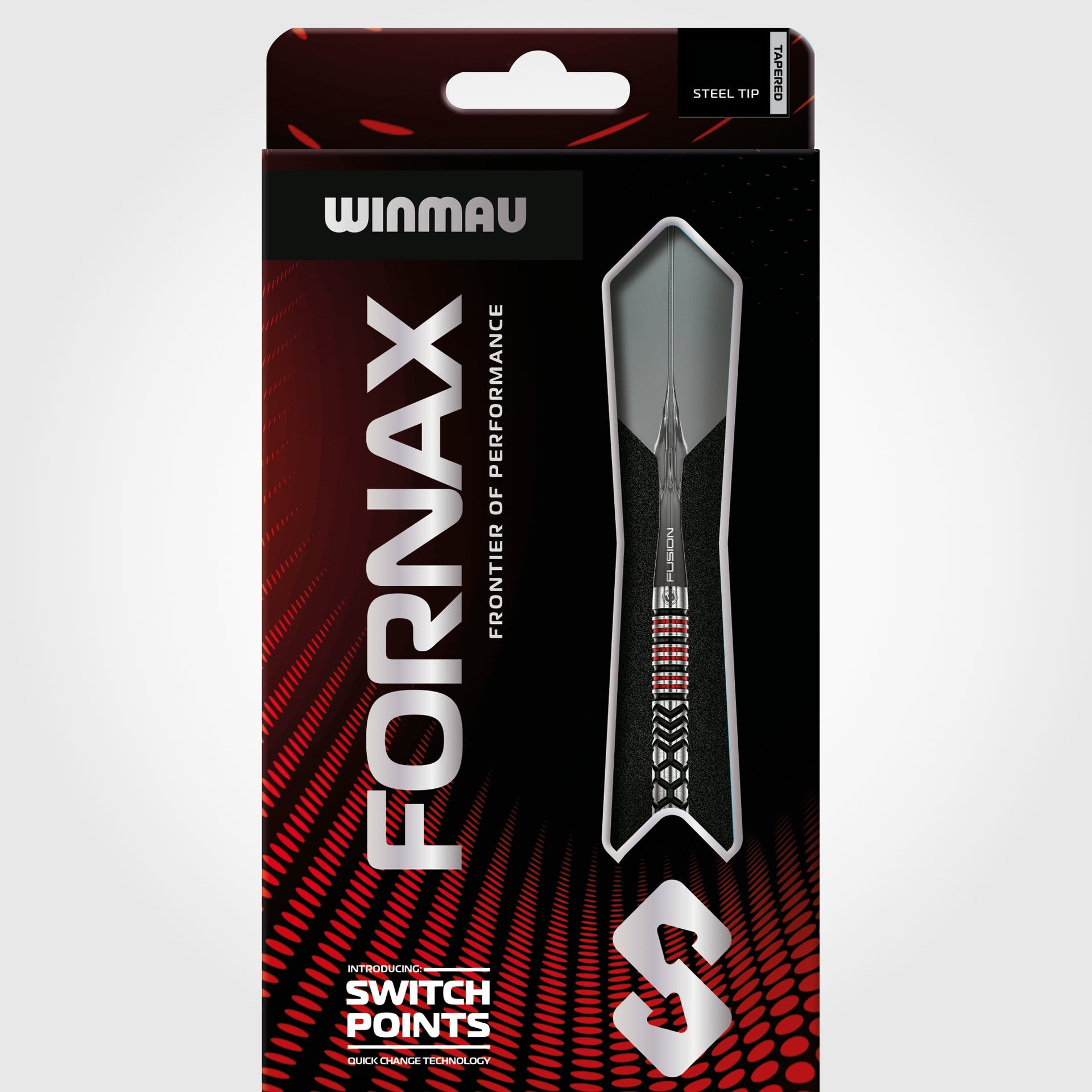 Winmau Fornax dart packaging with a red and black design on a white background