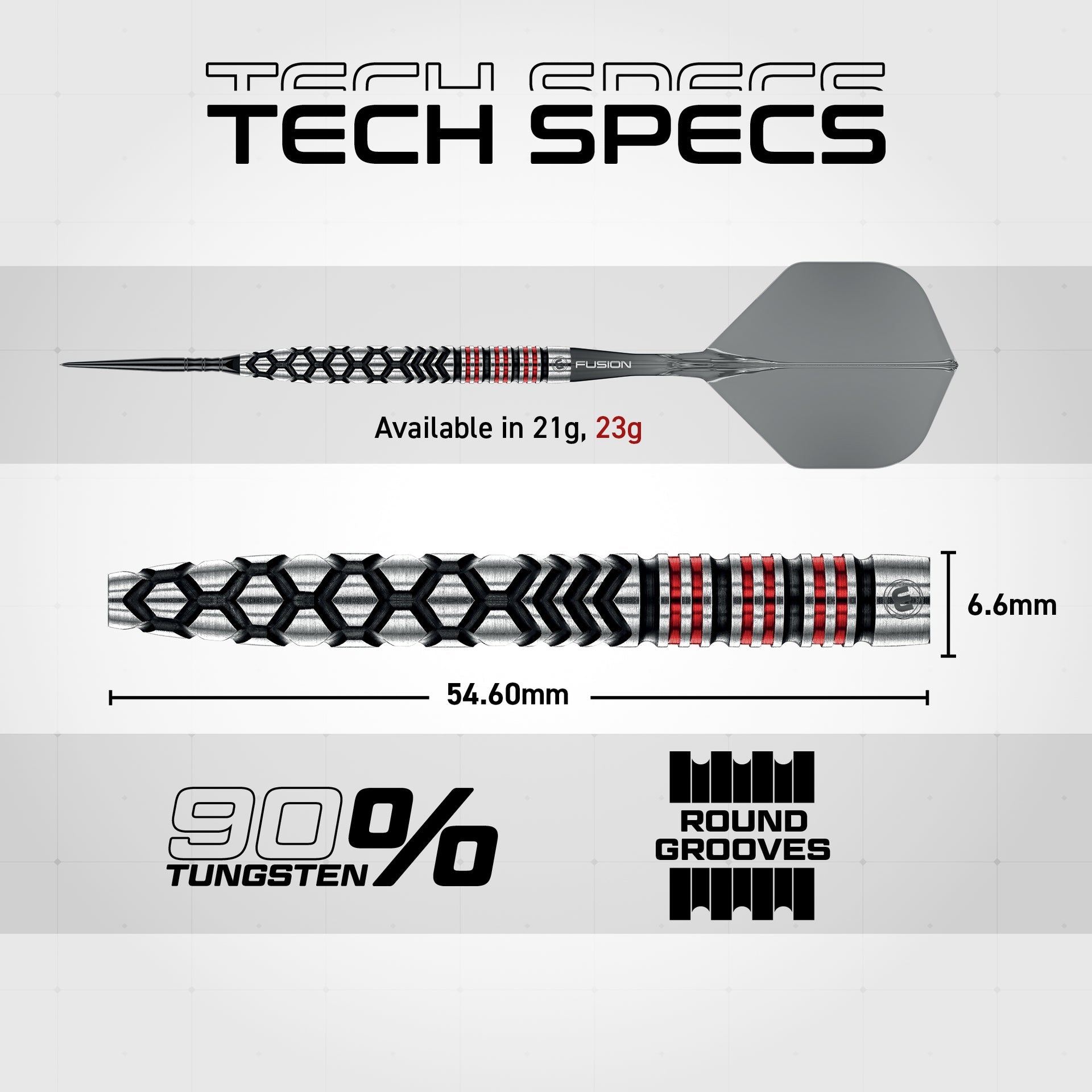 Dart with technical specifications on a gray background