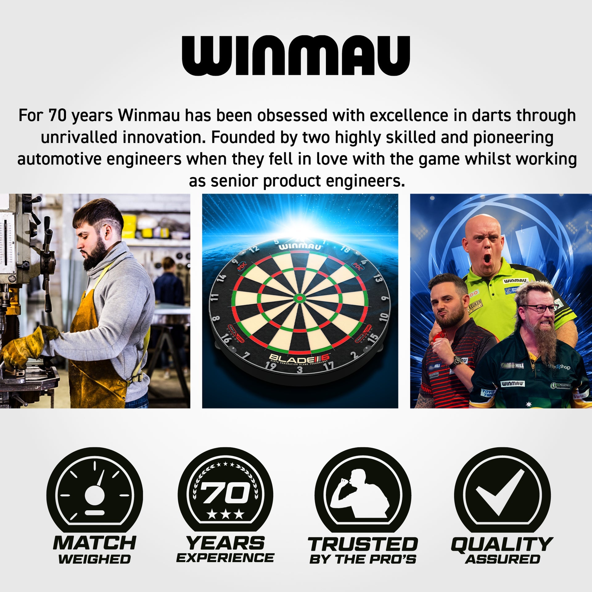 Winmau advertisement with a dartboard, workers, and darts players, featuring the brand's history and quality assurance.