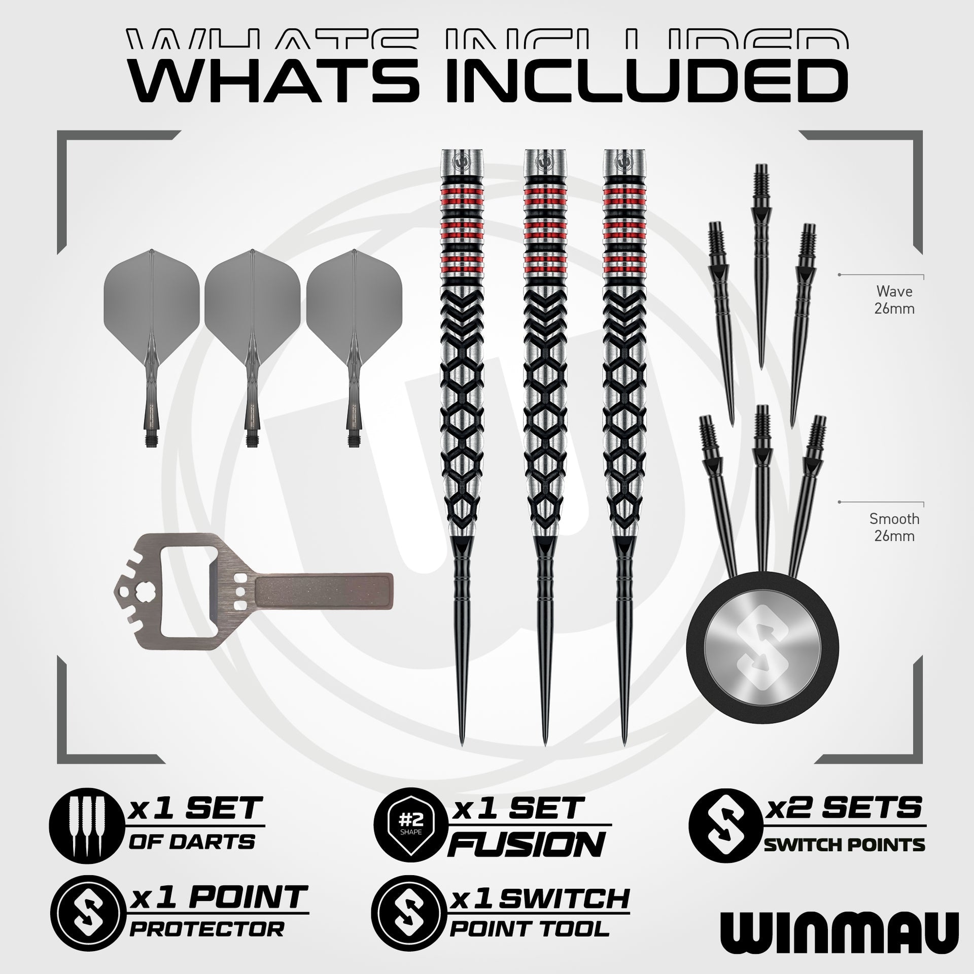 Winmau dart set with darts, point protector, and tools on a white background