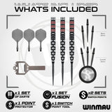 Winmau dart set with darts, point protector, and tools on a white background