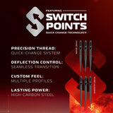 Advertisement for Switch Points darts with product features on a dark background