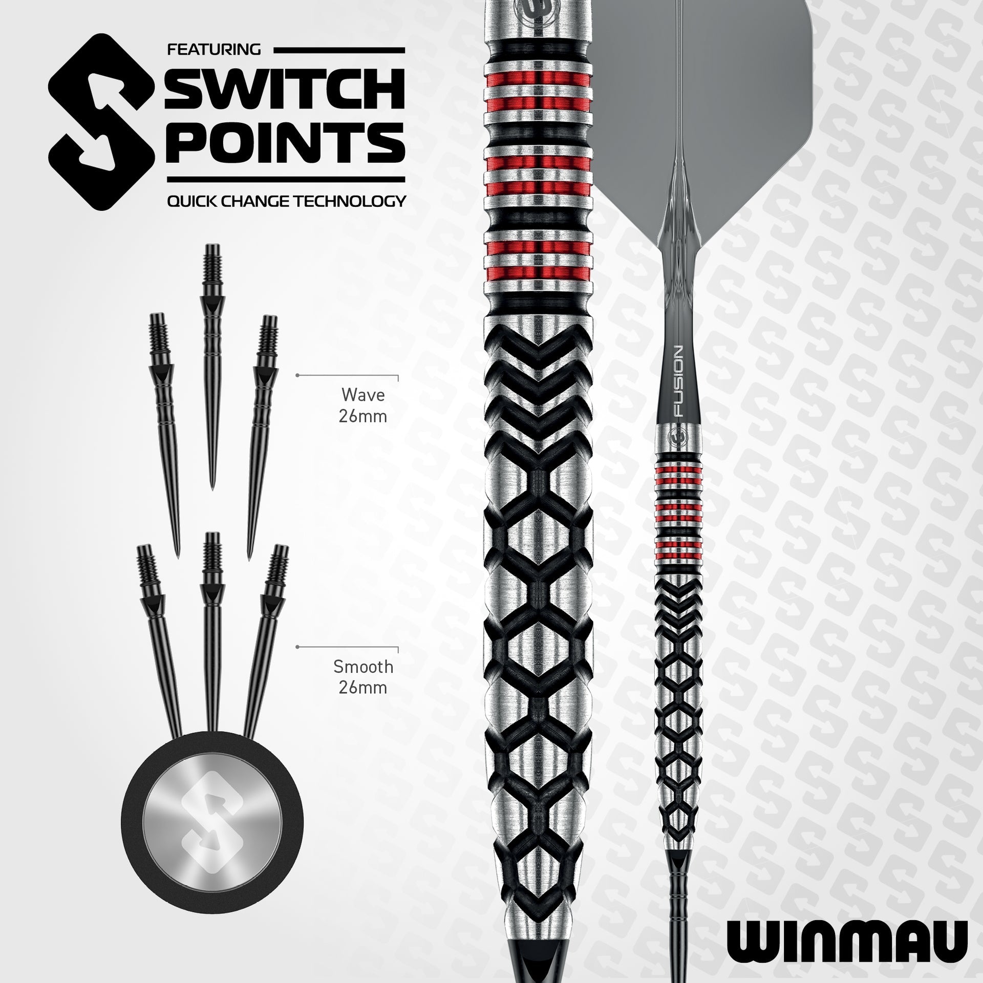 Winmau darts with switch points technology on a white background