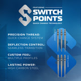 Advertisement for Switch Points dart components with product details on a blue background
